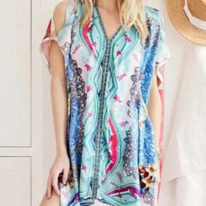 Johnny Was Leon Silk Printed Tassel Poncho Size M Multi Color